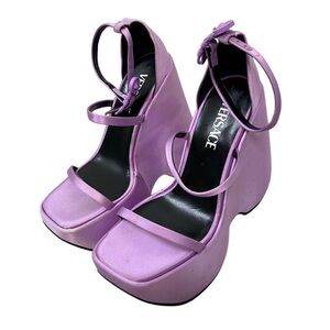 Versace Triplatform Satin Sandals Strap Square Toe Platforms Doll Party 7.5
